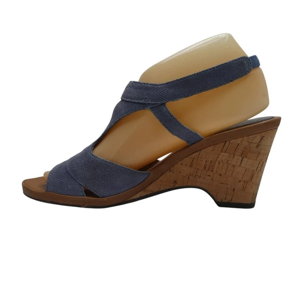 The FLEXX Wedge‎ Sandal Women 8.5 Blue Textured Leather Cork T-Strap Slingback